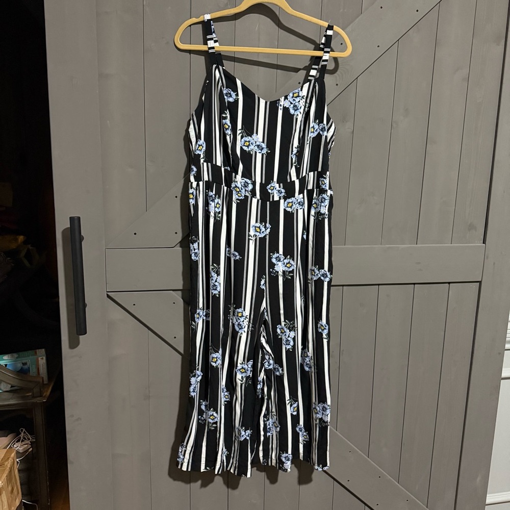 Torrid size 2 Black and White Striped Jumpsuit with Blue Floral Design wide leg